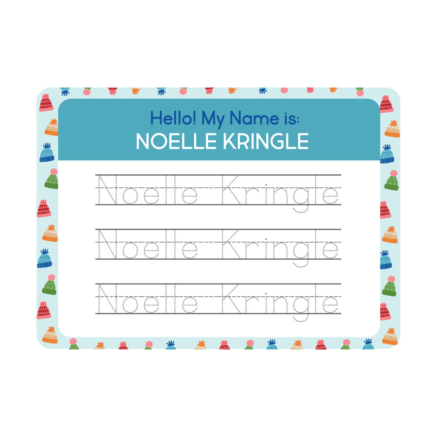 InchBug personalized handwriting board with beanie designs, text reads "NOELLE KRINGLE"