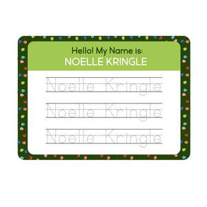 InchBug personalized handwriting board with Christmas light designs, text reads "NOELLE KRINGLE"