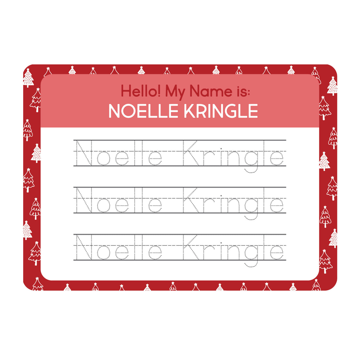 InchBug personalized handwriting board with Christmas tree designs, text reads "NOELLE KRINGLE"