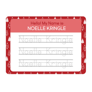 InchBug personalized handwriting board with Christmas tree designs, text reads "NOELLE KRINGLE"