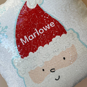 close-up view of the sequined InchBug Silly Santa pillow
