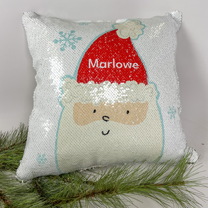 white sequined pillow with Santa design, customized with the name "Marlowe"