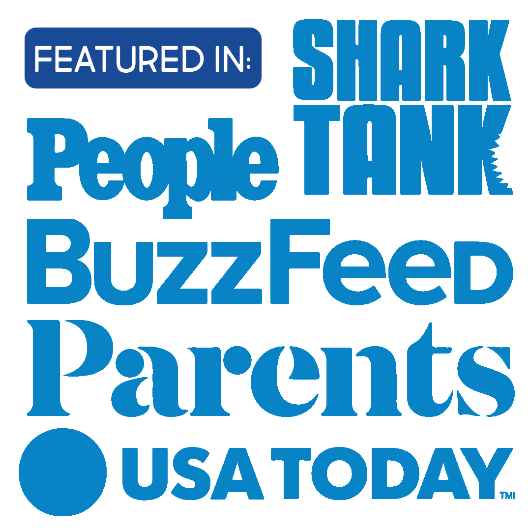 A graphic indicating that a product is featured in Shark Tank, People Buzzfeed, and Parents USA Today, with a blue text on a white background.