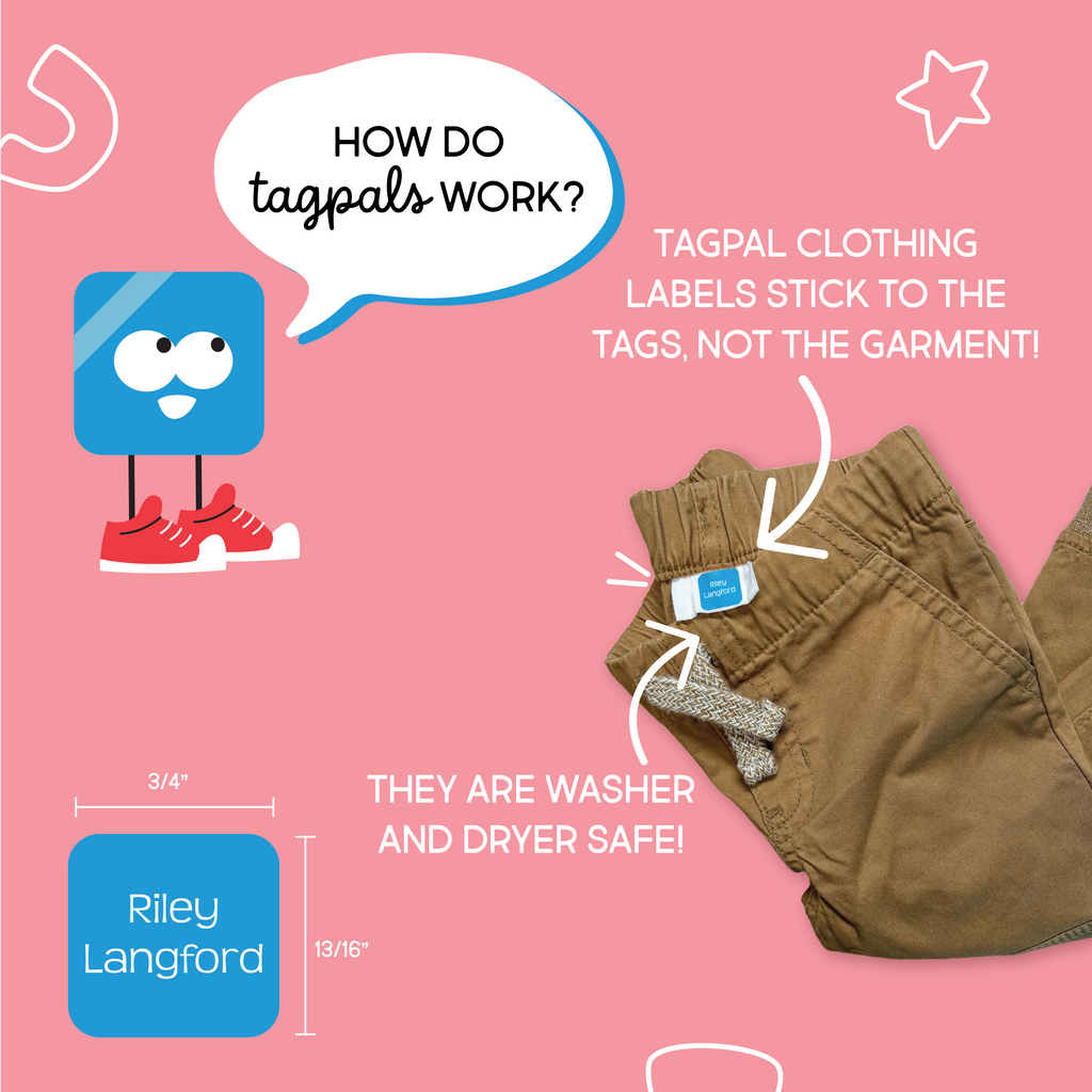 graphics explaining how InchBug TagPal Kids Clothing Labels work