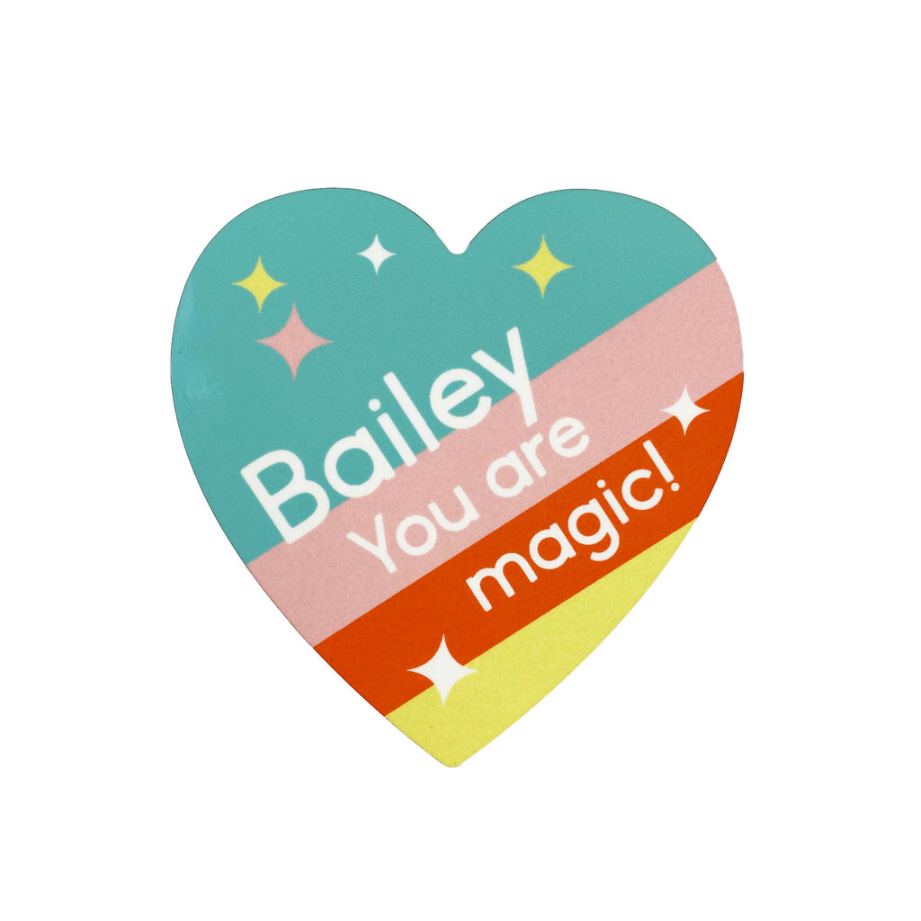 InchBug's heart-shaped multi-colored coaster with sparkle prints and text that reads "Bailey You are magic!"