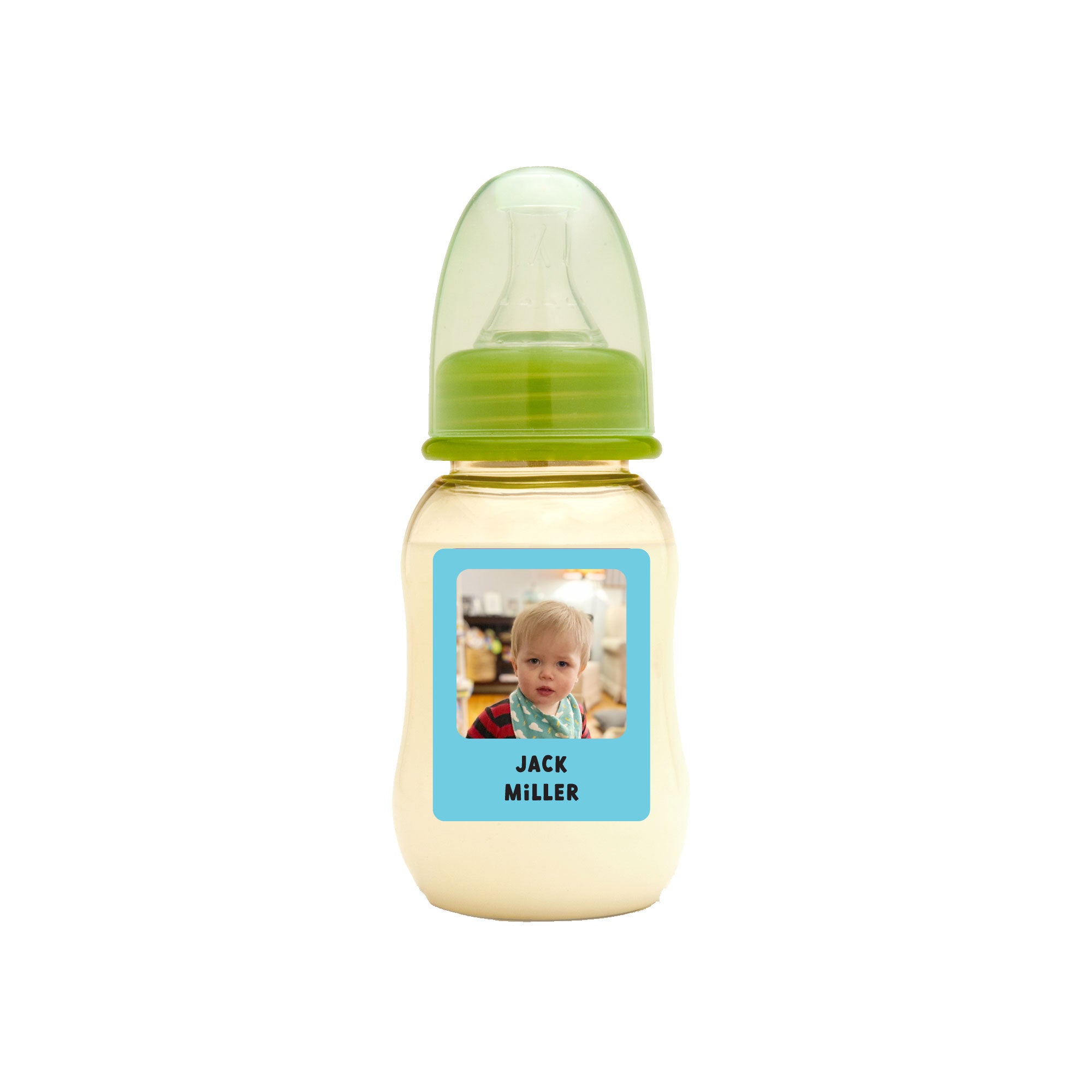 glass baby bottle with green cap labeled with InchBug personalized photo label 