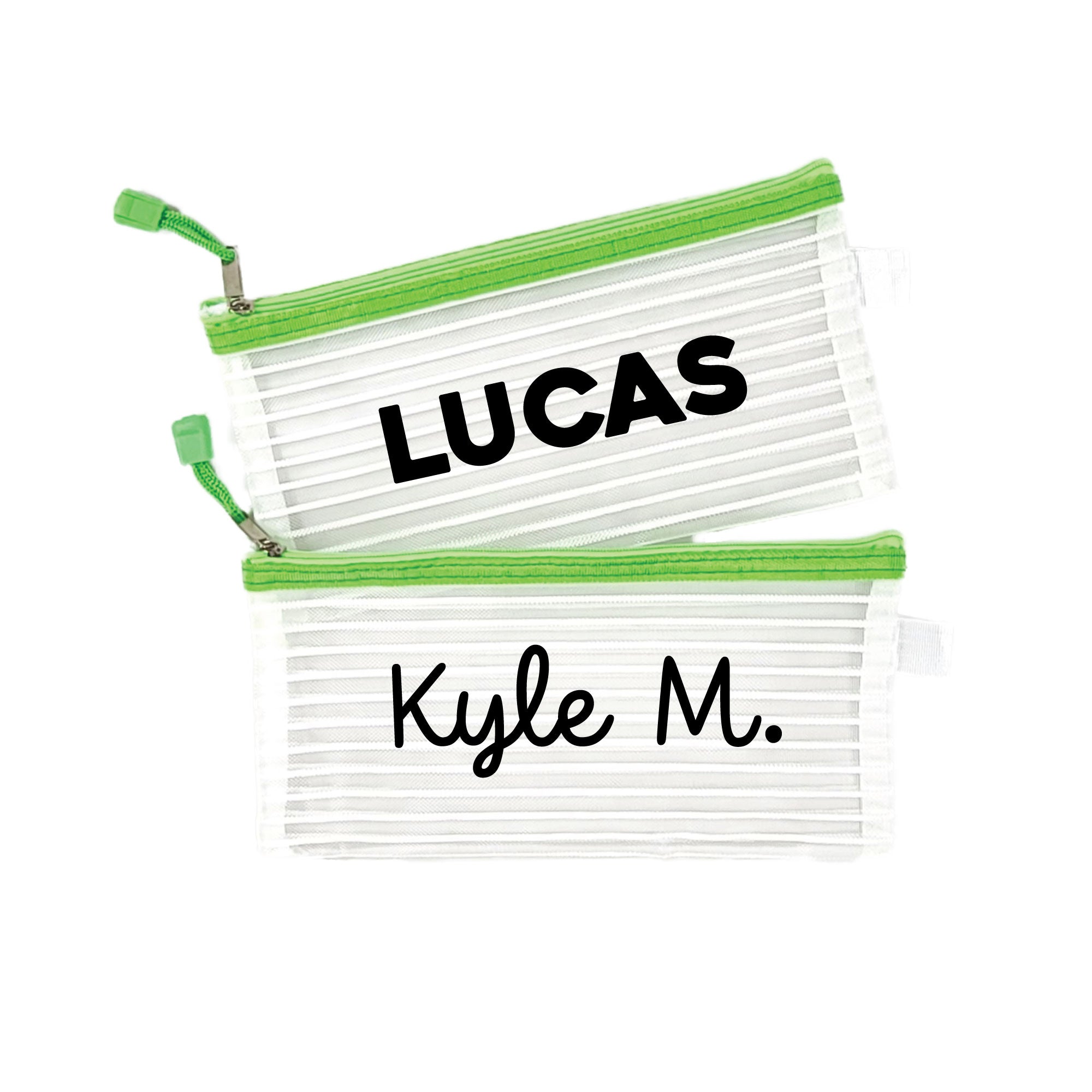 Two green InchBug personalized zipper pouches with the names 'LUCAS' and 'Kyle M.' printed on them.