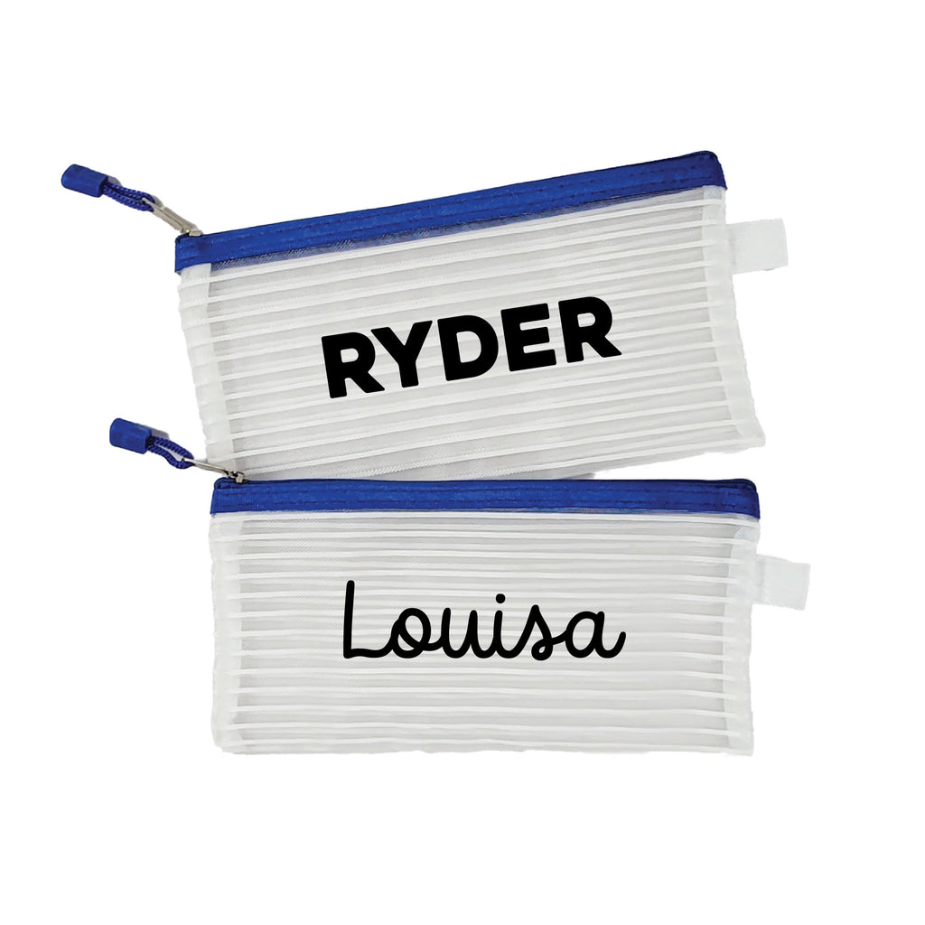 Two blue InchBug personalized zipper pouches with the names 'RYDER' and 'Louisa' printed on them.