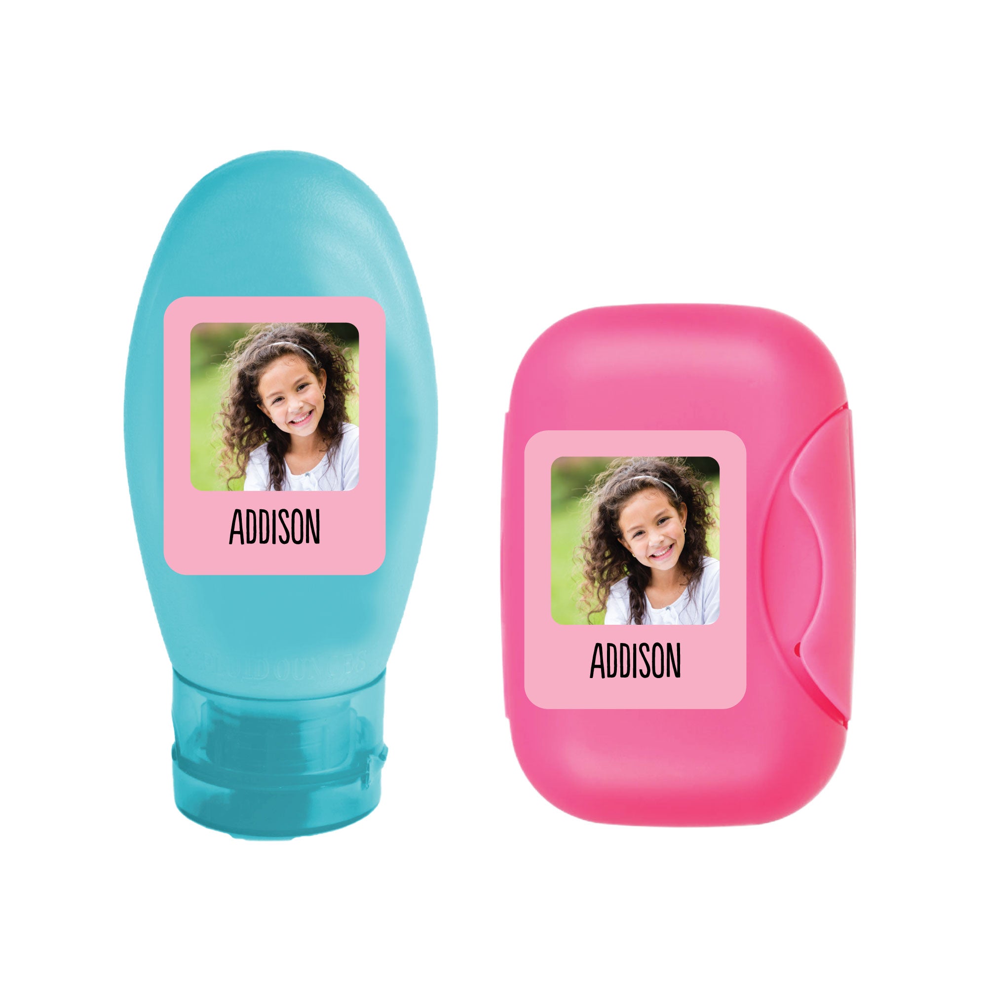 blue and pink personal items labeled with pink InchBug customized photo label