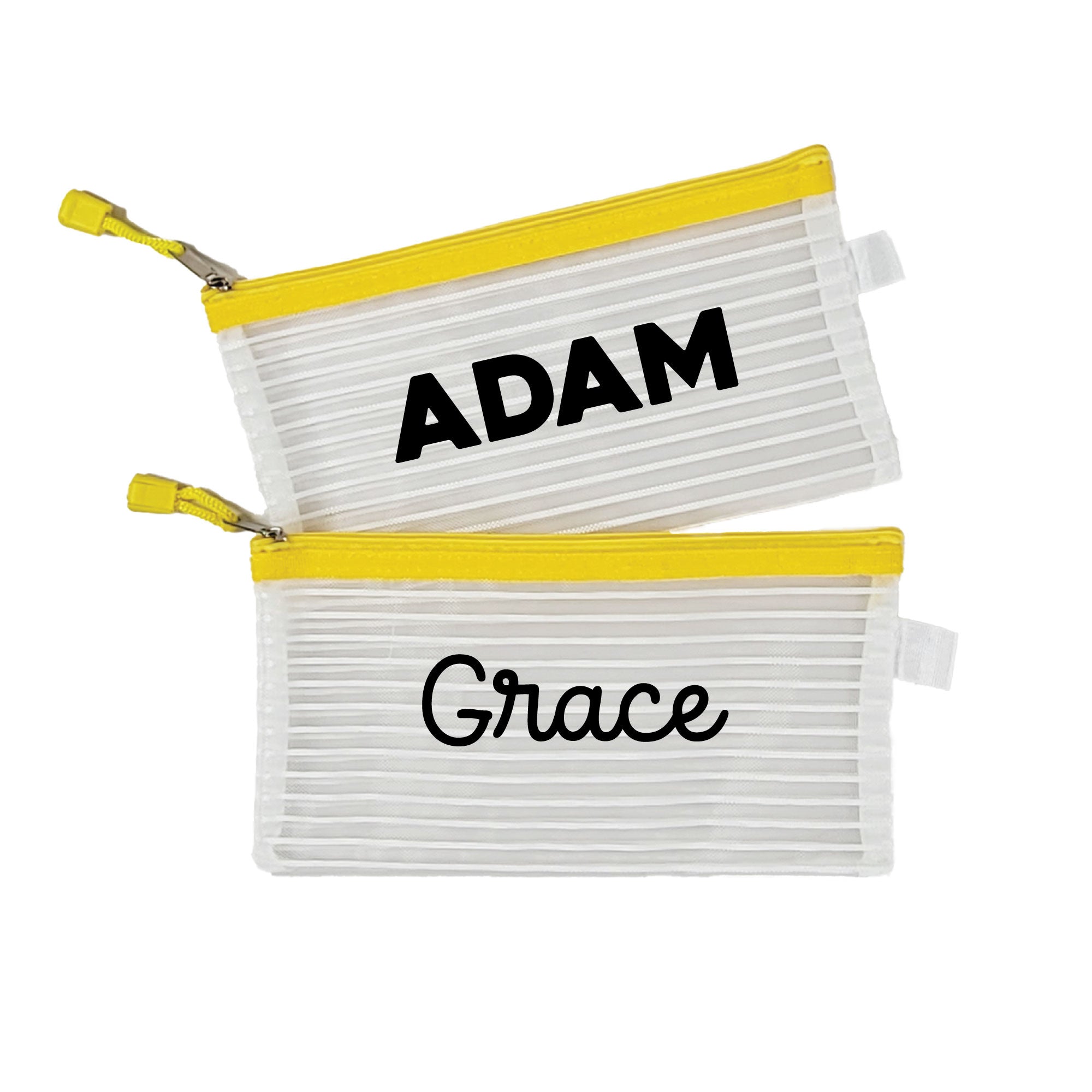 Two InchBug personalized zipper pouches with a striped pattern, one labeled 'ADAM' and the other with 'Grace' in bold black lettering on a white background with yellow zippers.